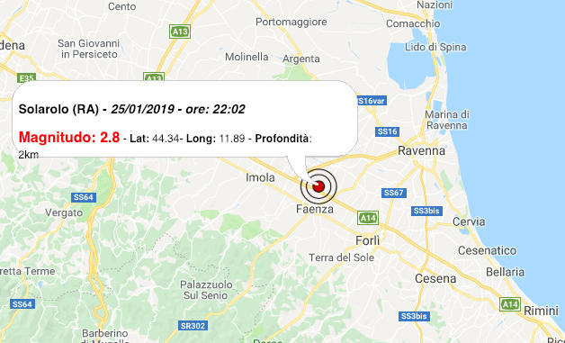 Terremoto oggi Emilia Romagna, 25 gennaio 2019: scossa M 2.8 in provincia di Ravenna – Dati INGV