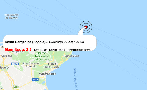 Terremoto oggi Puglia, 10 febbraio 2019: scossa M 3.2 in provincia di Foggia – Dati INGV Terremoto oggi Puglia, 10 febbraio 2019: scossa M 3.2 in provincia di Foggia – Dati INGV
