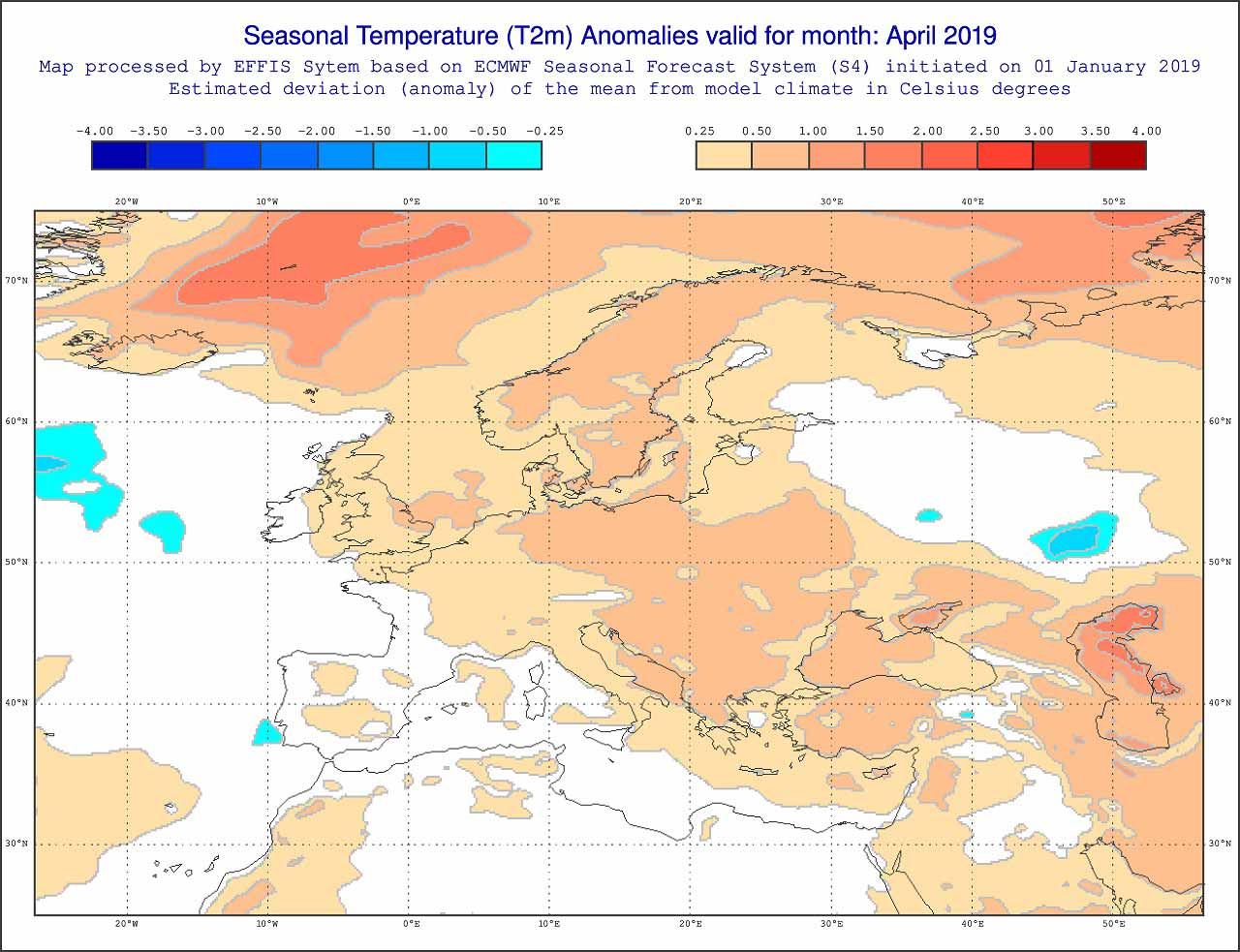 Anomalie di temperatura previste dal modello ECMWF per aprile 2019 - effis.jrc.ec.europa.eu