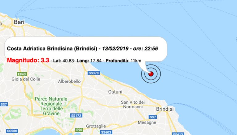 Terremoto oggi Puglia, 13 febbraio 2019: scossa M 3.3 in provincia di Brindisi – Dati INGV