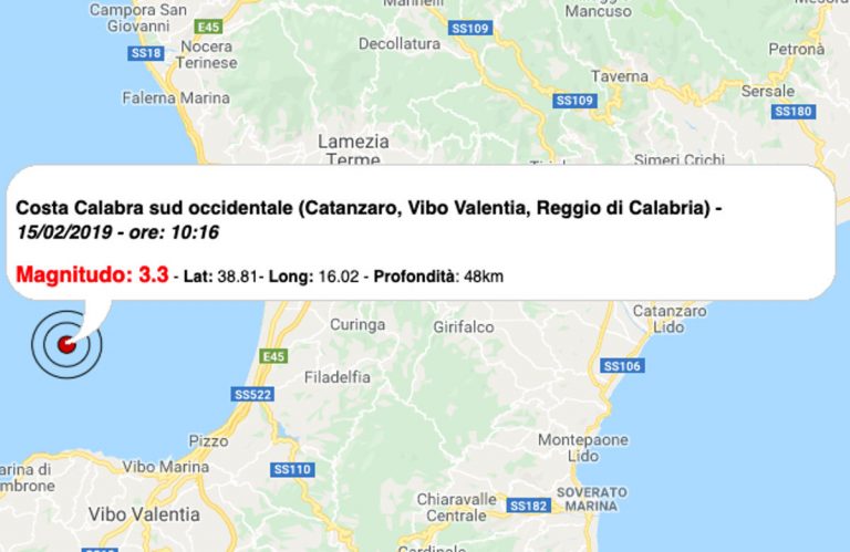 Terremoto oggi Calabria, 15 febbraio 2019: scossa M 3.3 costa calabra | Dati INGV