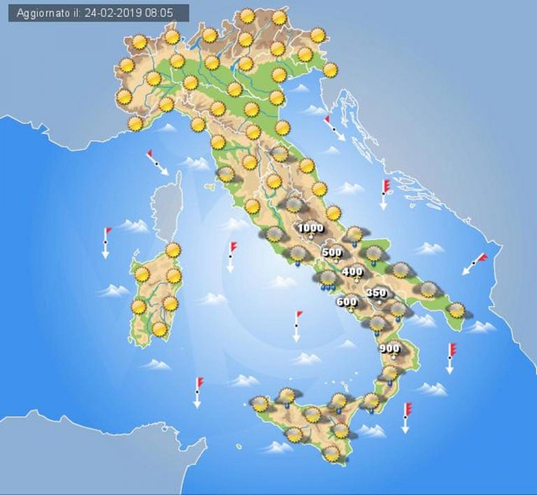 Meteo domani 25 febbraio 2019: ancora neve al Sud, sole prevalente altrove