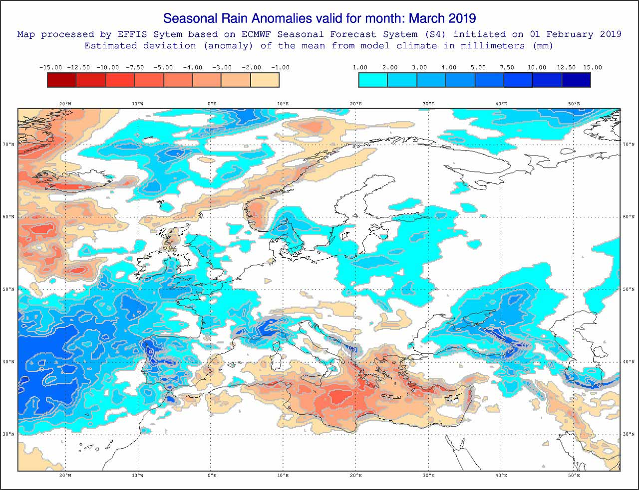 Anomalie di precipitazione per Marzo 2019 secondo il modello ECMWF - effis.jrc.ec.europa.eu
