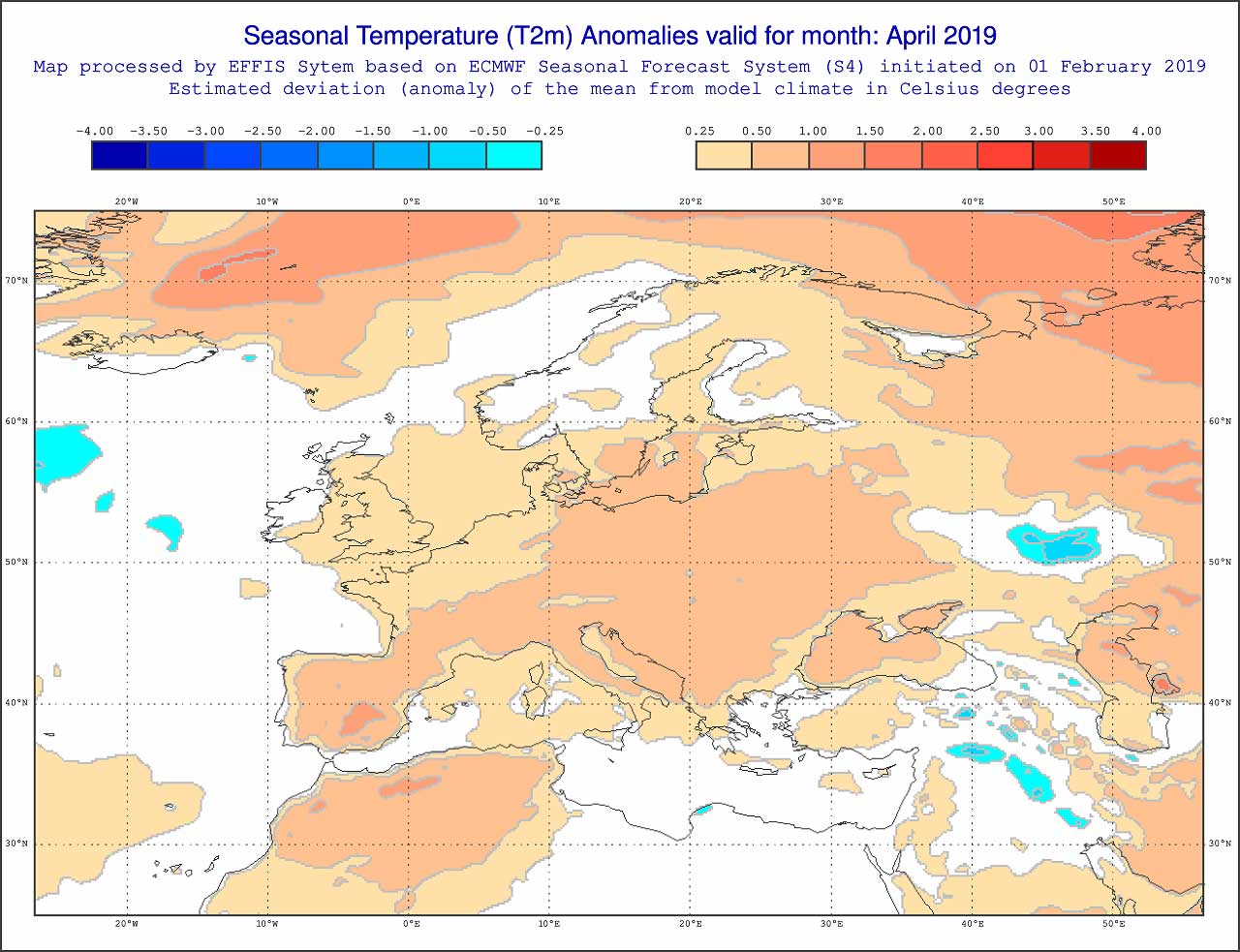 Anomalie di temperatura previste dal modello ECMWF per aprile 2019 - effis.jrc.ec.europa.eu