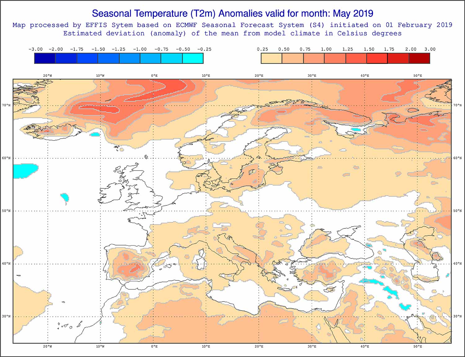 Anomalie di temperatura previste dal modello ECMWF per l'inizio della primavera - effis.jrc.ec.europa.eu