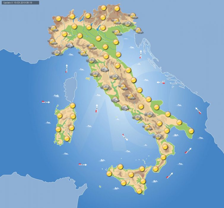 Tempo previsto in Italia durante la giornata di domani, Sabato 16 Marzo 2019