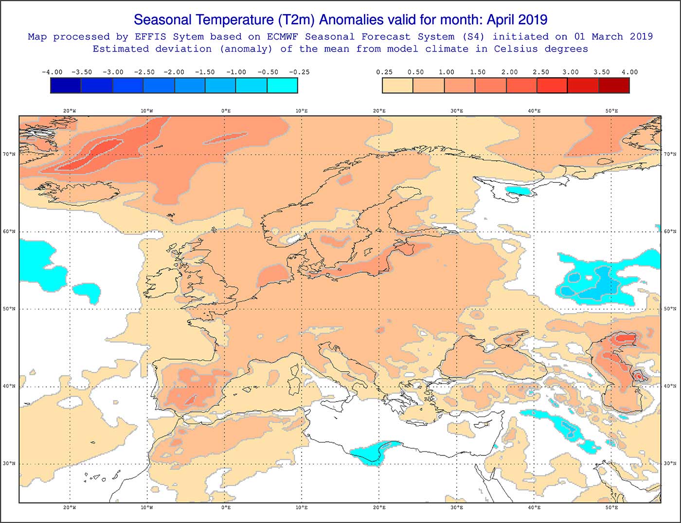 Anomalie di temperatura previste dal modello ECMWF per aprile 2019 - effis.jrc.ec.europa.eu