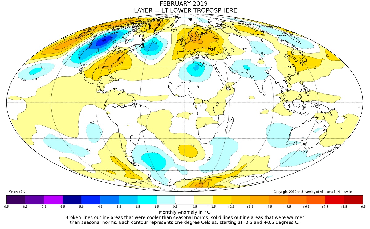 FEBBRAIO 2019 più caldo della media di +0.36°C sull' intero pianeta Terra