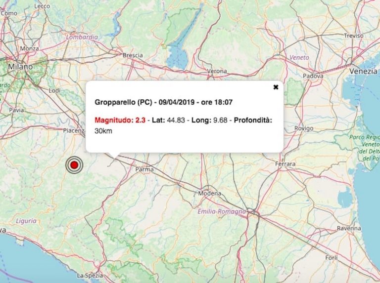 Terremoto oggi Emilia-Romagna 9 aprile 2019: scossa M 2.3 vicino Piacenza | Dati INGV