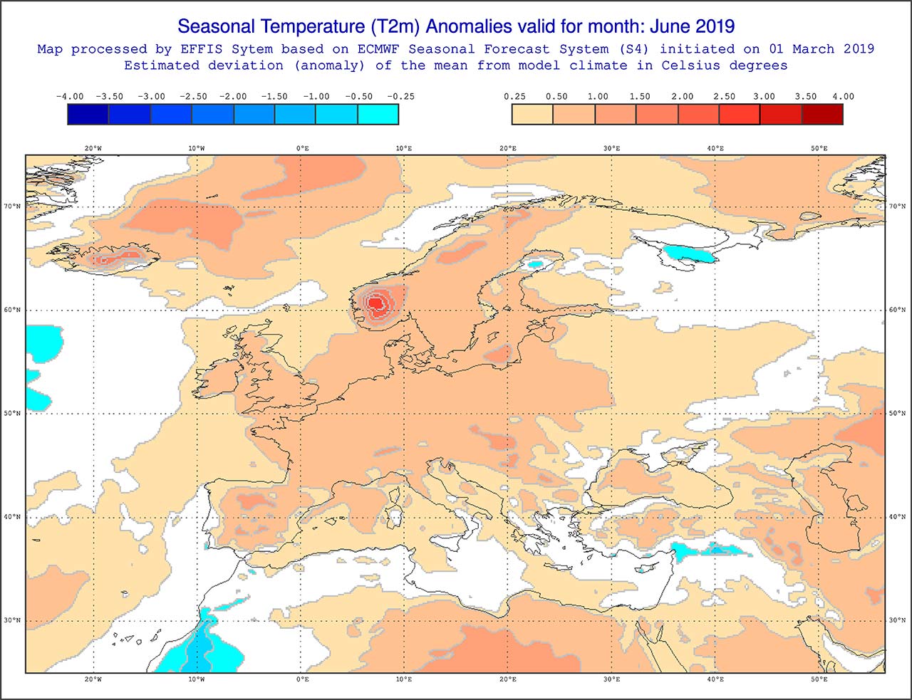 Anomalie di temperatura previste dal modello ECMWF per giugno 2019 - effis.jrc.ec.europa.eu Anomalie di temperatura previste dal modello ECMWF per giugno 2019 - effis.jrc.ec.europa.eu