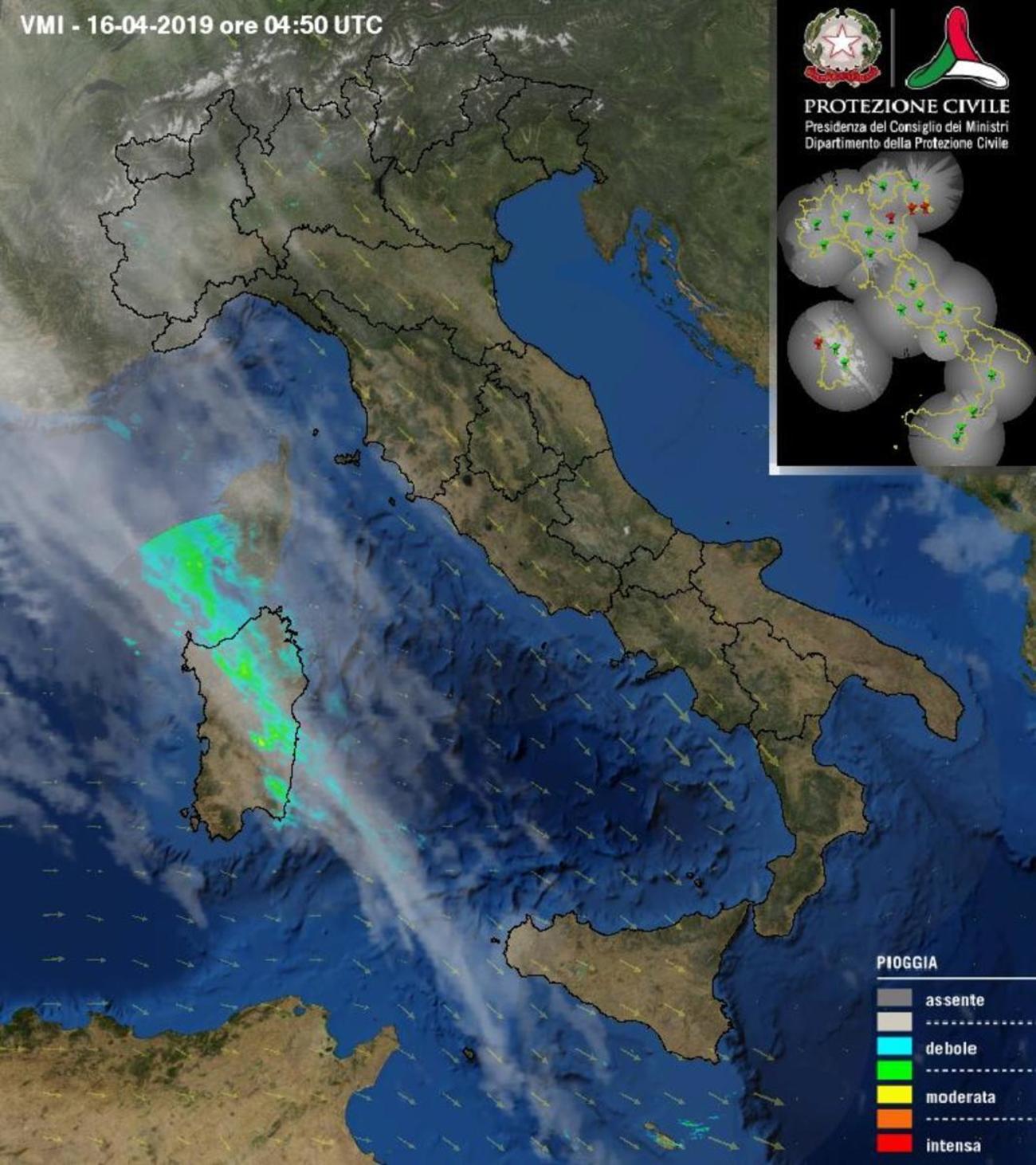 Deboli precipitazioni sulla Sardegna viste dal radar - protezionecivile.gov.it