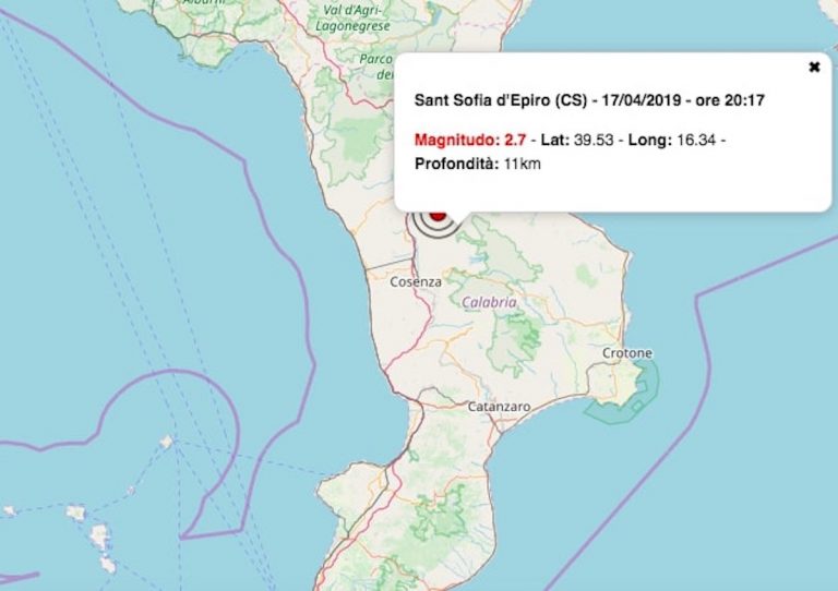 Terremoto Calabria oggi, mercoledì 17 aprile 2019: scossa M 2.7 vicino Cosenza | Dati INGV