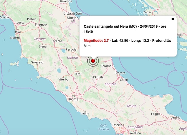 Terremoto oggi Marche 24 aprile 2019: scossa M 2.7 in provincia di Macerata | Dati INGV