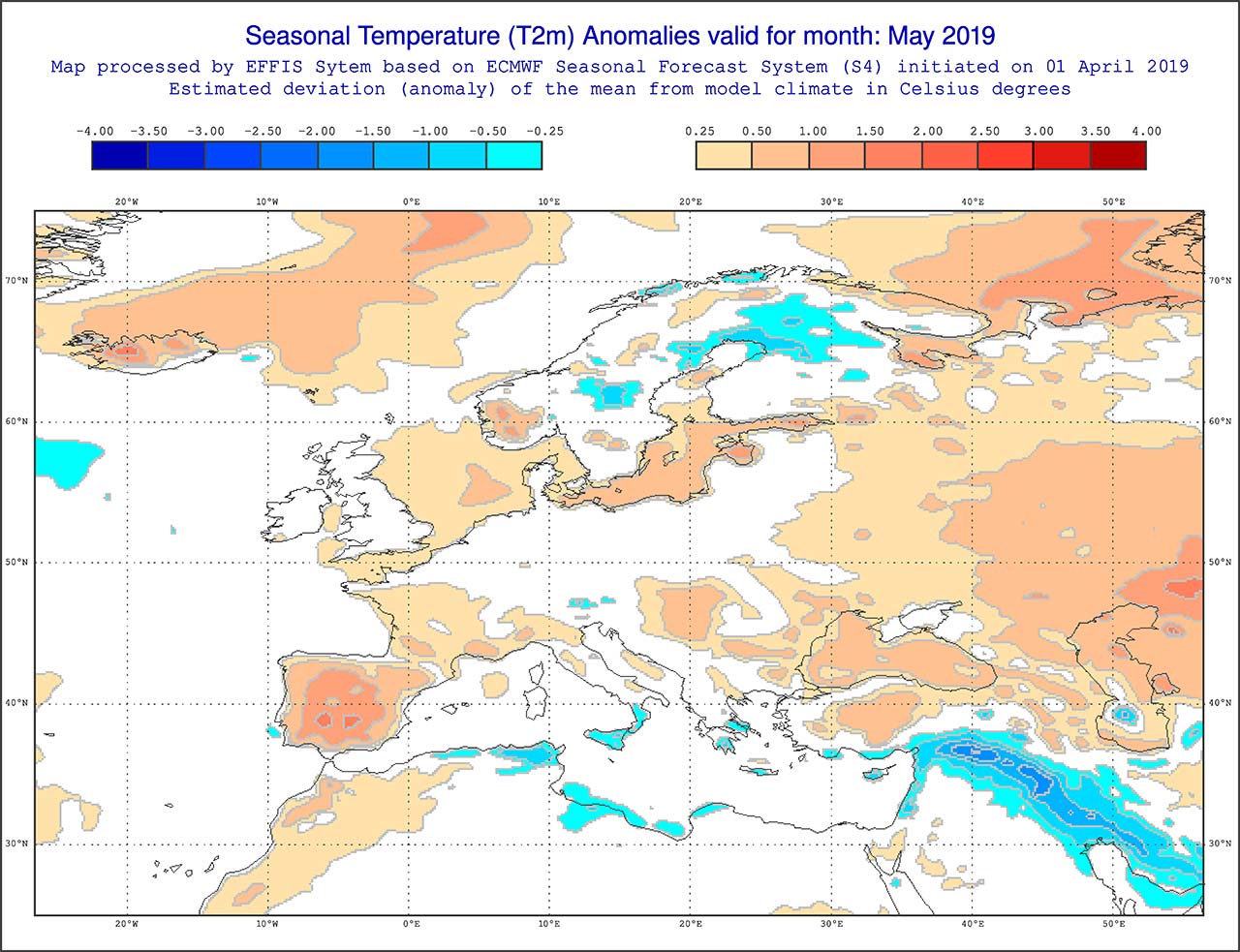 Anomalie di temperatura previste dal modello ECMWF per il mese di maggio 2019 - effis.jrc.ec.europa.eu
