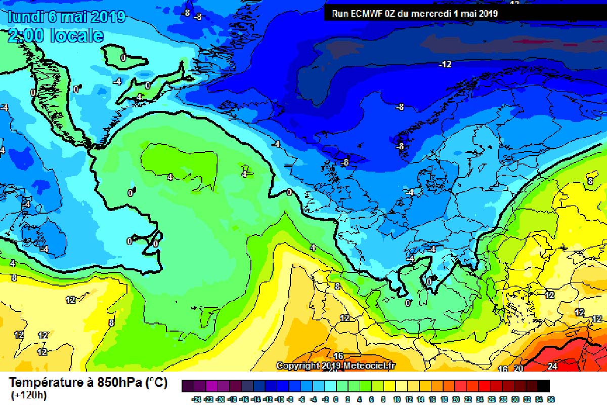 Temperature previste dal modello ECMWF tra Domenica e Lunedì - meteociel.fr