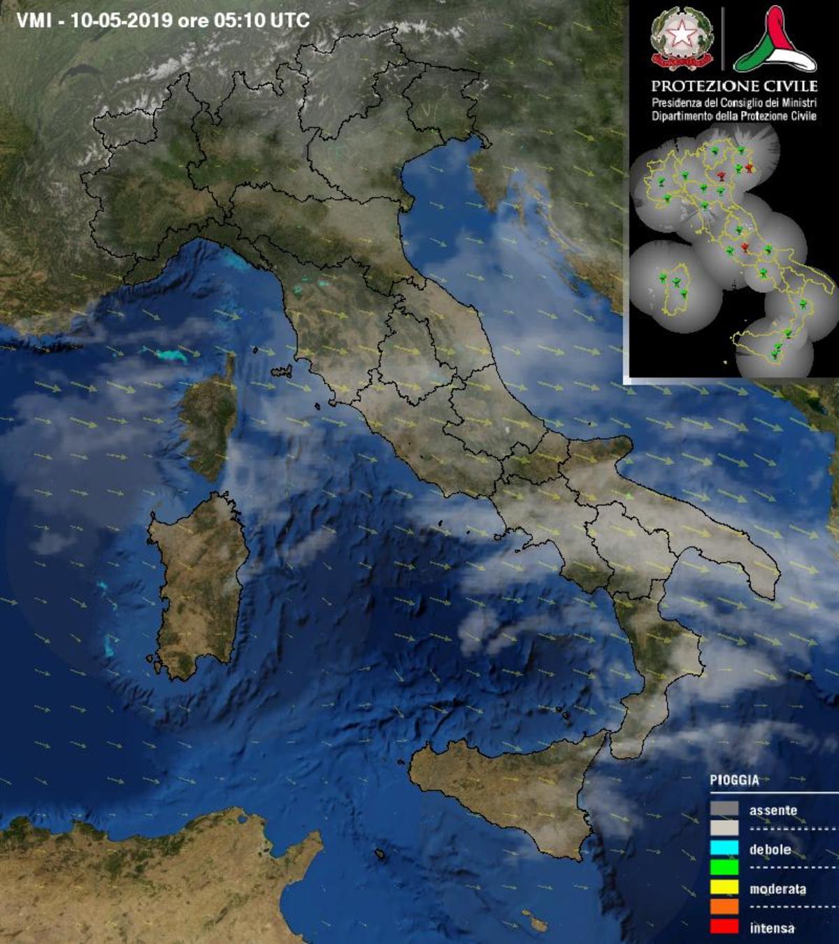 Immagine radar di questa mattina con molte nuvole ma poche piogge sull'Italia - protezionecivile.gov.it.