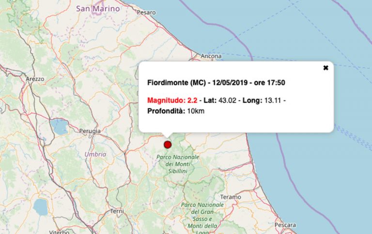 Terremoto oggi Marche, 12 maggio 2019: scossa M 2.2 in provincia di Macerata – Dati INGV