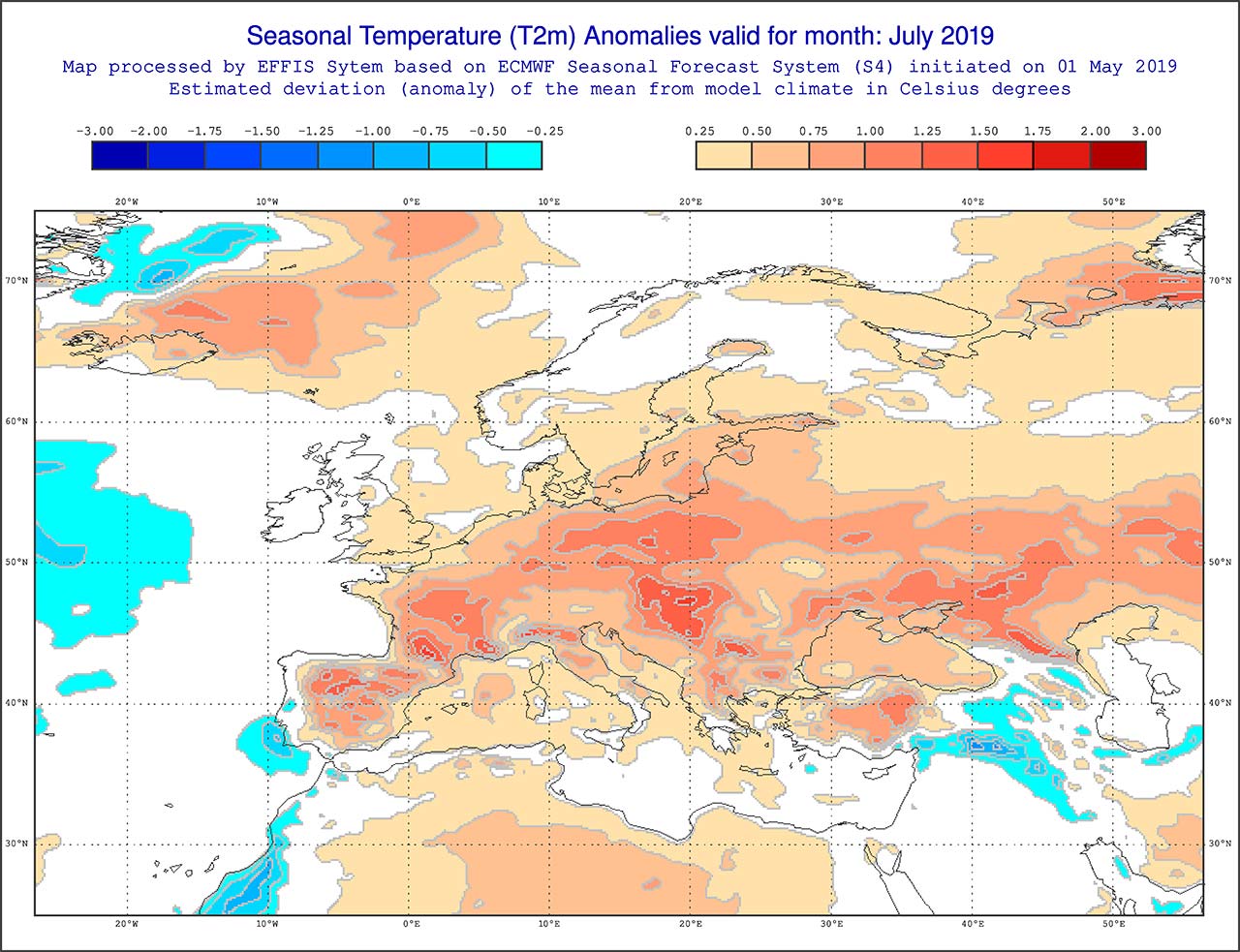 Anomalie di temperatura previste dal modello ECMWF per luglio 2019 - effis.jrc.ec.europa.eu