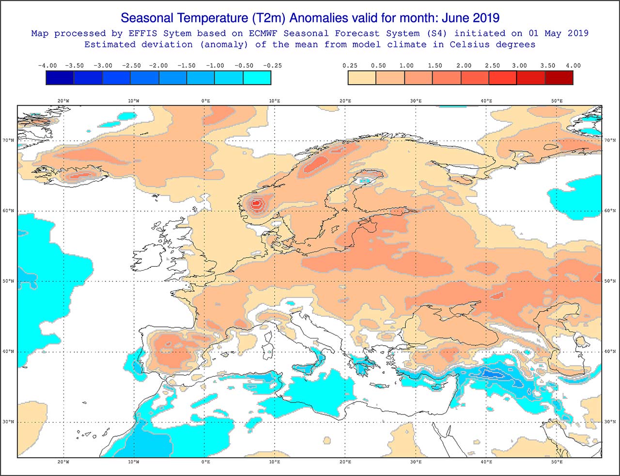 Anomalie di temperatura previste dal modello ECMWF per giugno 2019 - effis.jrc.ec.europa.eu