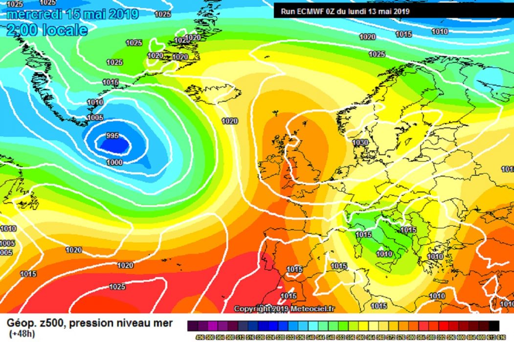 Modello meteo ECMWF per Mercoledì 15 Maggio. Fonte meteociel.fr