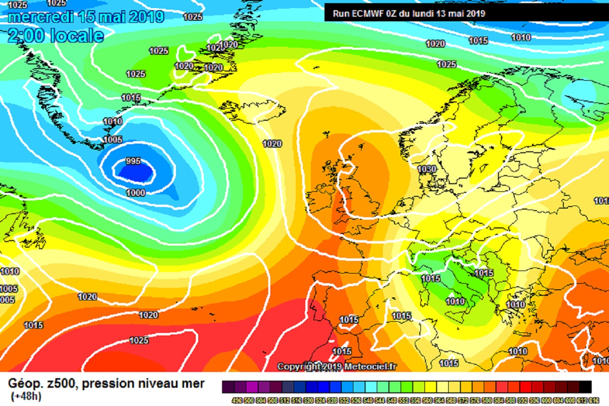 Modello meteo ECMWF per Mercoledì 15 Maggio. Fonte meteociel.fr