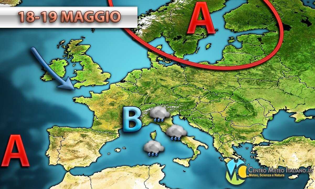 Previsioni meteo in Italia, spiccato maltempo al centro-nord con piogge diffuse e locali temporali, instabile anche al sud con locali acquazzoni.