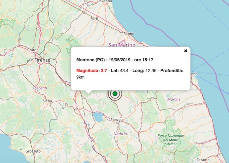 Terremoto oggi Umbria 19 maggio 2019: scossa M 2.7 in provincia di Perugia | I dati INGV