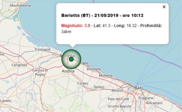 Terremoto oggi Puglia, 21 maggio 2019: forte scossa avvertita a Barletta | Dati INGV