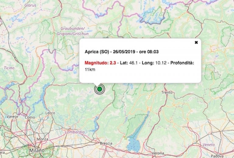 Terremoto oggi Lombardia 26 maggio 2019: scossa M 2.3 in provincia di Sondrio | Dati INGV