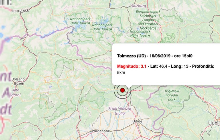 Terremoto oggi Friuli Venezia Giulia, 16 giugno 2019: scossa M 3.1 in provincia di Udine – Dati INGV