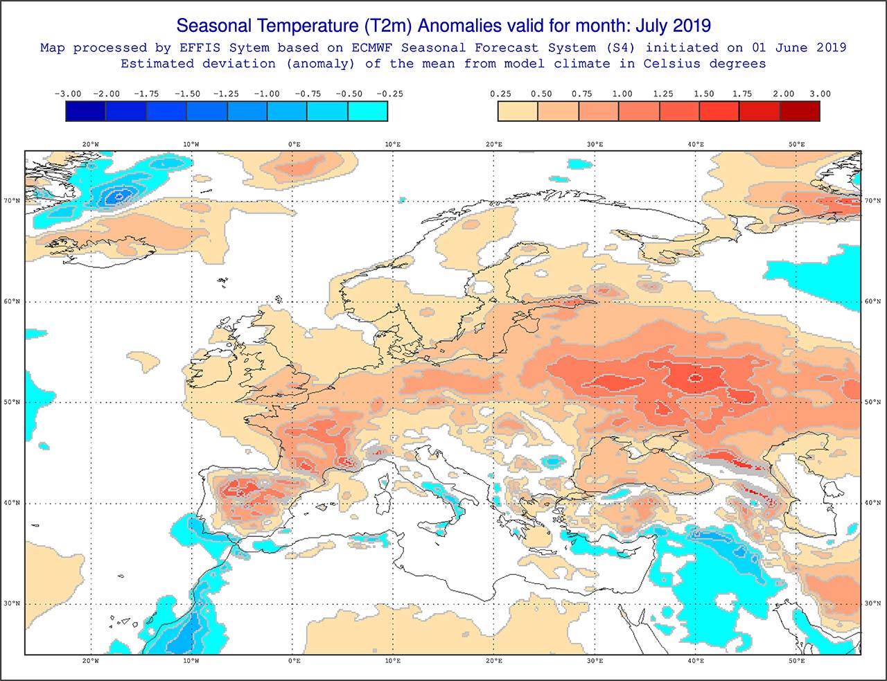 Anomalie di temperatura previste dal modello ECMWF per luglio 2019 - effis.jrc.ec.europa.eu