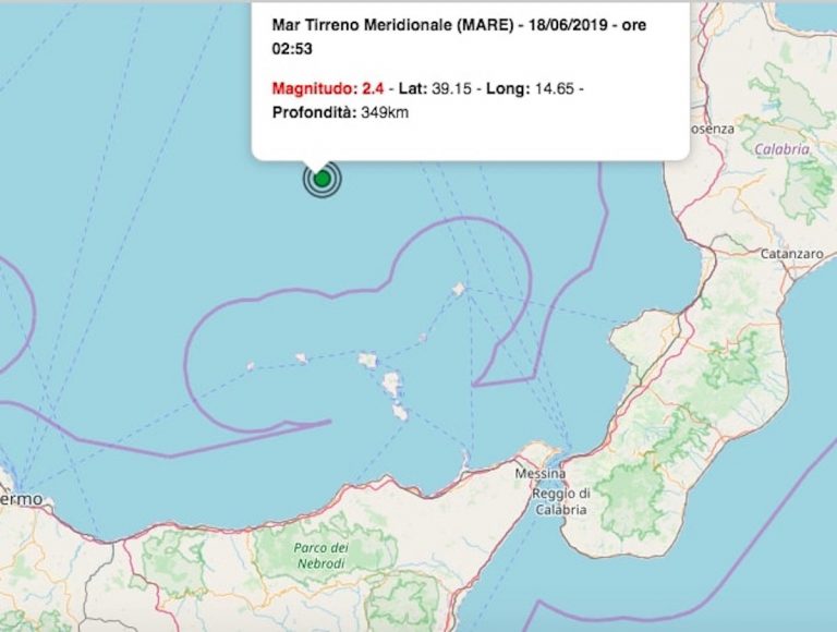 Terremoto oggi, martedì 18 giugno 2019: scossa M 2.4 nel Mar Tirreno meridionale | Dati INGV