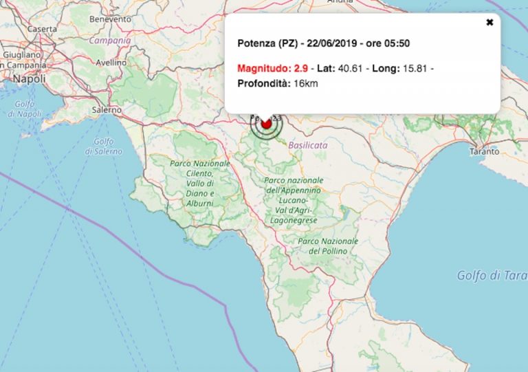 Terremoto oggi in Basilicata, sabato 22 giugno 2019: scossa M 2.9 a Potenza | Dati INGV