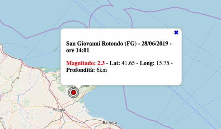 Terremoto oggi in Puglia, venerdì 28 giugno 2019: nel pomeriggio scossa M 2.3 in provincia di Foggia – Dati INGV