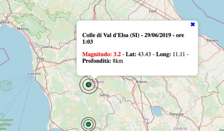 Terremoto oggi Toscana, sabato 29 giugno 2019: nella notte scossa M 3.2 in provincia di Siena avvertita dalla popolazione – Dati INGV