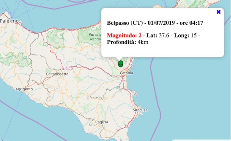 Terremoto oggi in Sicilia, 1 luglio 2019, scossa M 2.0 in provincia di Catania – Dati INGV