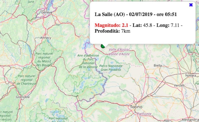 Terremoto oggi in Valle d’Aosta, martedì 2 luglio 2019: scossa M 2.1 in provincia di Aosta | Dati INGV