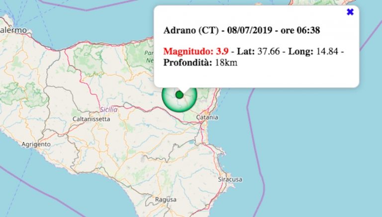 Terremoto in Sicilia oggi, 8 luglio 2019: scossa M 3.9 in provincia di Catania | Dati INGV