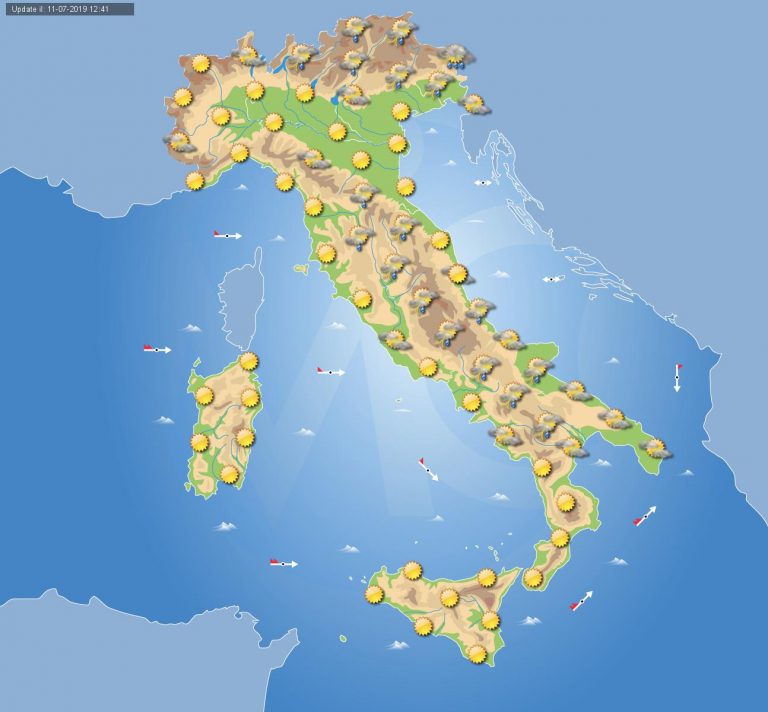 Meteo domani 12 luglio 2019: sole in Italia eccetto locali temporali sul Triveneto e settori interni peninsulari