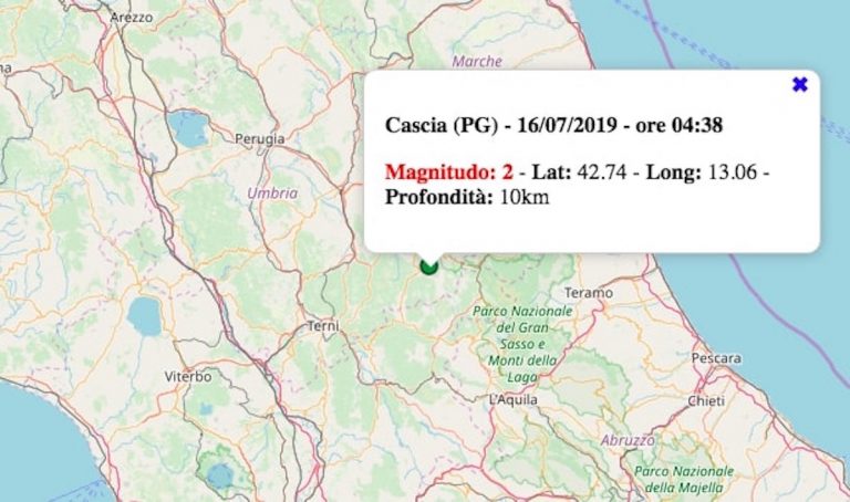 Terremoto in Umbria oggi, martedì 16 luglio 2019: scossa M 2.0 in provincia di Perugia | Dati INGV
