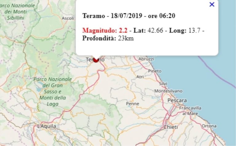 Terremoto in Abruzzo oggi ,giovedì 18 luglio 2019: scossa M 2.2 in provincia di Teramo – Dati Ingv