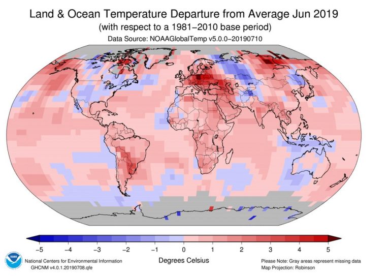 DATI NOAA: Giugno 2019 è il più caldo della storia a livello globale. I dettagli