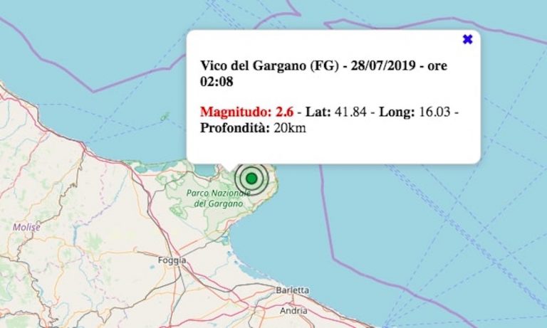 Terremoto in Puglia oggi, 28 luglio 2019: scossa M 2.6 in provincia di Foggia | I dati INGV