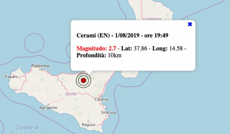 Terremoto oggi in Sicilia, 1 agosto 2019: in serata scossa M 2.7 in provincia Enna – Dati INGV