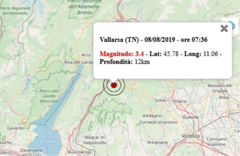 Terremoto in Trentino Alto Adige oggi, 8 agosto 2019, scossa M 3.4 avvertita in provincia Trento – Dati Ingv