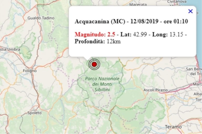 Terremoto nelle Marche oggi, 12 agosto 2019, scossa M 2.5 provincia di Macerata – Dati Ingv Terremoto nelle Marche oggi, 12 agosto 2019, scossa M 2.5 provincia di Macerata – Dati Ingv