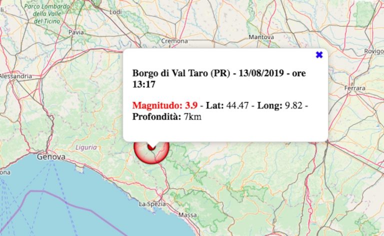Terremoto in Emilia-Romagna oggi, 13 agosto 2019: scossa M 3.9 in provincia di Parma | I dati INGV