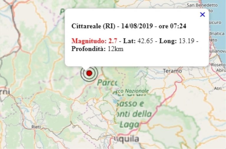 Terremoto nel Lazio oggi, 14 agosto 2019, scossa M 2.7 in provincia di Rieti | Dati INGV