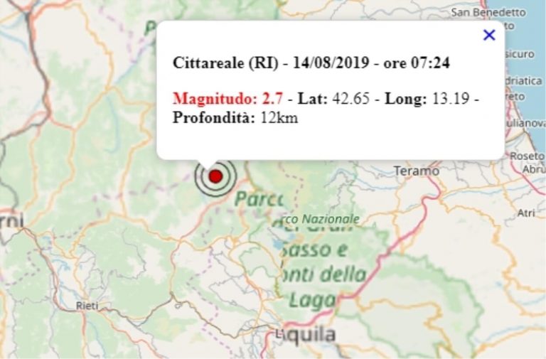 Terremoto nel Lazio oggi, 14 agosto 2019, scossa M 2.7 in provincia di Rieti | Dati INGV Terremoto nel Lazio oggi, 14 agosto 2019, scossa M 2.7 in provincia di Rieti | Dati INGV