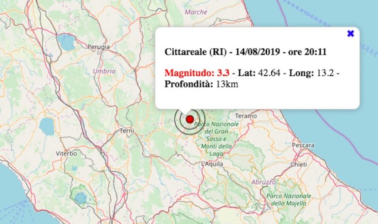 Terremoto nel Lazio oggi, 14 agosto 2019: scossa M 3.3 in provincia di Rieti | I dati INGV